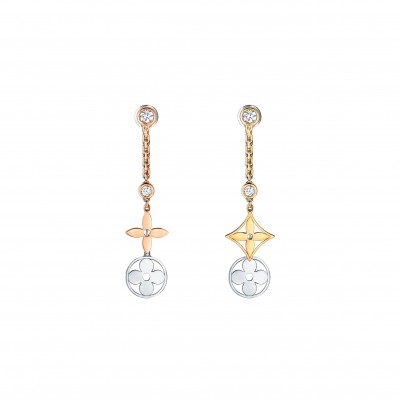 LOUIS VUITTON IDYLLE BLOSSOM THREE-COLOR GOLD AND DIAMOND LONG EARRINGS Q96413